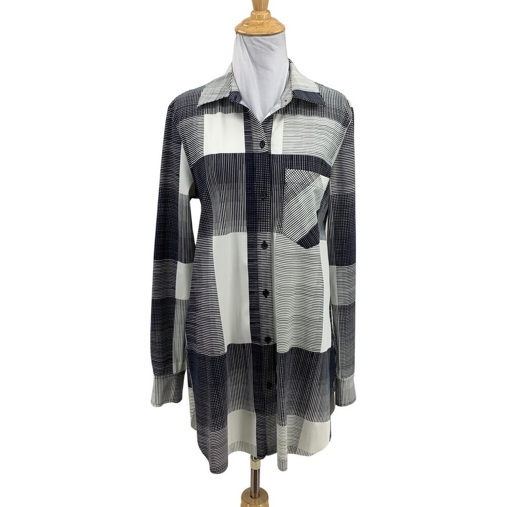 Lysse Shirt Women S Small White Black Schiffer Grid Plaid Collared Raw Cut Tunic